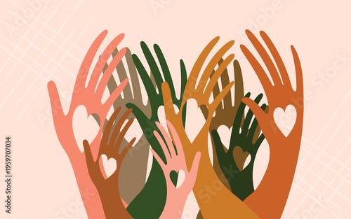 Volunteers, social workers, men and women holding hearts in their palms isolated on a light pink background. 