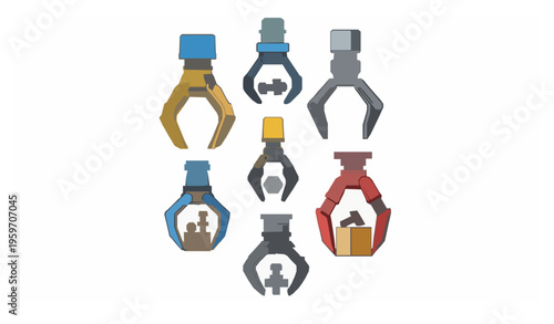 Industrial robotic claw gripper vector collection with factory automation arms in flat cartoon style isolated on white