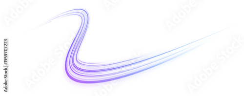 Fast violet neon lines twist in abstract swirl pattern. Smooth glowing curves convey motion, acceleration, and energy flow. Ideal isolated PNG for tech or sci-fi visuals.