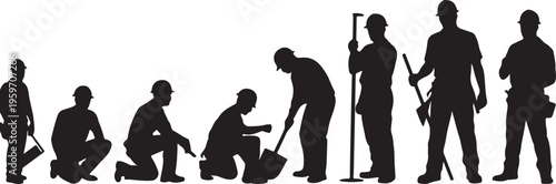 Construction worker evolution silhouette series with tools