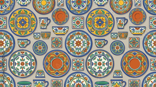 Seamless Vector Pattern of Vibrant Mediterranean Ceramic Plates, Bowls, and Cups Adorned with Intricate Folk Art Designs for Textile and Digital Backgrounds