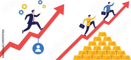 Businessmen running up growth arrow toward success and climbing gold bar pyramid for financial profit investment and career achievement vector illustration.