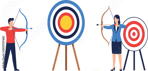 Business professionals aiming at target with bow and arrow for goal achievement success strategy vision mission and marketing focus vector illustration.