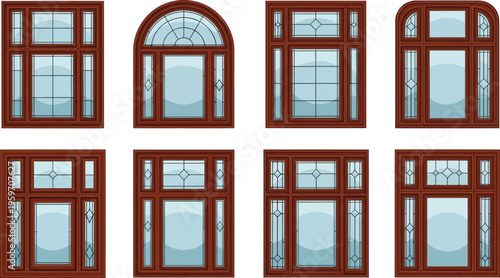Collection of classic wooden window designs featuring various shapes and detailed glass pane configurations ideal for architectural plans and home renovation projects