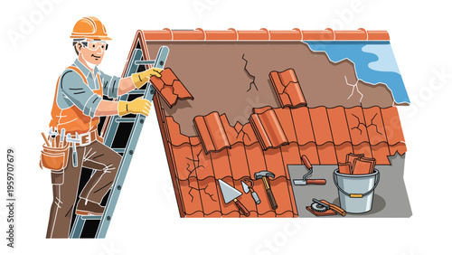 Roof Repairing and Restoration: A construction worker, safely perched on a ladder, expertly repairs a damaged roof, meticulously laying new tiles and ensuring structural integrity.
