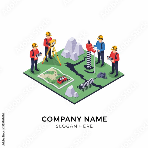 Surveyors and engineers collaborating on a construction site with surveying equipment and geological models.