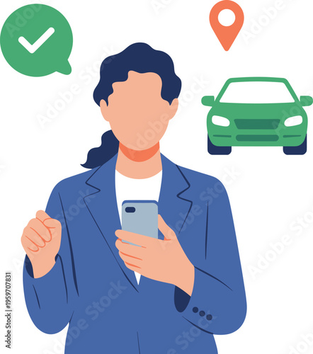 Woman, smartphone, taxi, booking, ride, sharing, app, transport, location, pin, confirmation, service, mobile, navigation, online, travel, digital, user, vector, illustration