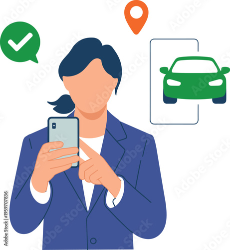 Woman, smartphone, taxi, booking, ride, sharing, app, transport, location, pin, confirmation, service, mobile, navigation, online, travel, digital, user, flat, illustration