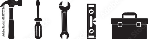 Black silhouettes of hammer screwdriver wrench level toolbox