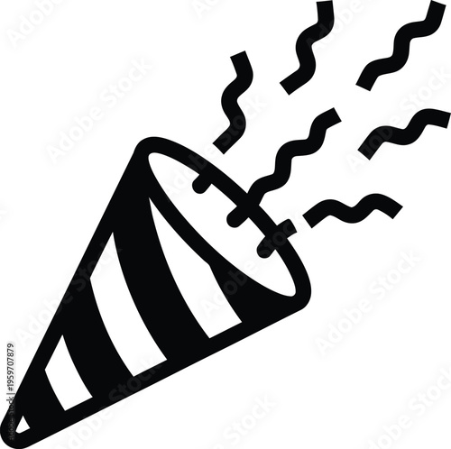 A classic striped party popper exploding with confetti and smoke isolated on transparent background

