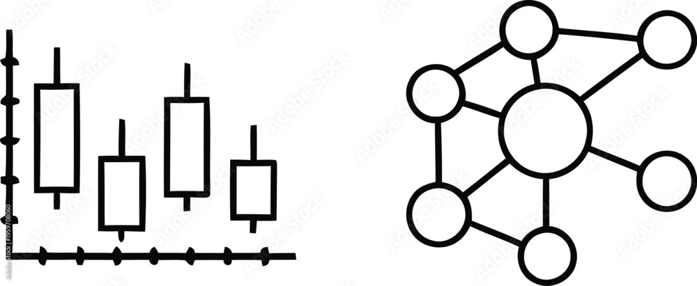 Obraz premium Candlestick chart alongside a network of interconnected nodes and edges isolated on transparent background