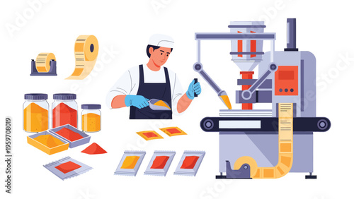 Precision Production: The image portrays a modern automated machine processing and packaging. An operator, clad in protective gear, oversees the intricate processes. 