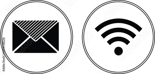 Icons representing mail and wireless internet connectivity in circular badges isolated on transparent background



