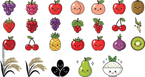 Cute hand drawn fruit characters and agricultural elements set including berries apples rice grains seeds and bowl with kawaii cartoon style vector illustration