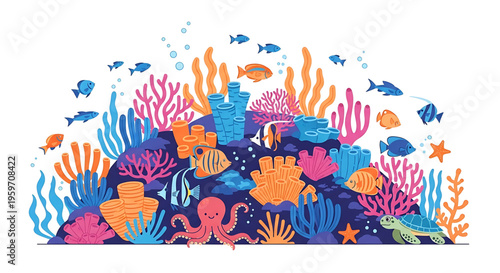 A vibrant underwater scene featuring a colorful coral reef with various fish and sea creatures in a flat, minimalist vector illustration style.
