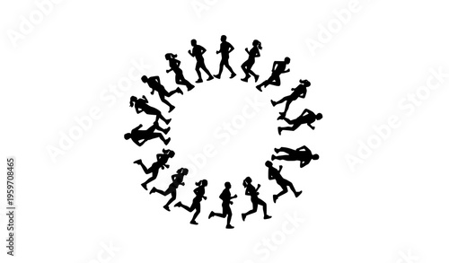 Circular running silhouettes of men and women diverse jogging poses fitness lifestyle concept vector