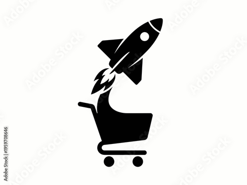 Black silhouette of a shopping cart with a rocket launching from it, symbolizing rapid growth in e-commerce, online sales, and business expansion.