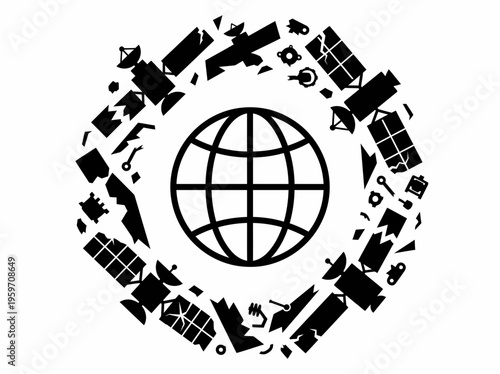 Abstract illustration of Earth surrounded by satellites and space debris, symbolizing global communication networks, space exploration, and orbital challenges.