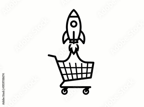Outline icon of a shopping cart with a rocket blasting off, representing fast-paced e-commerce, rapid sales growth, and accelerated online business.