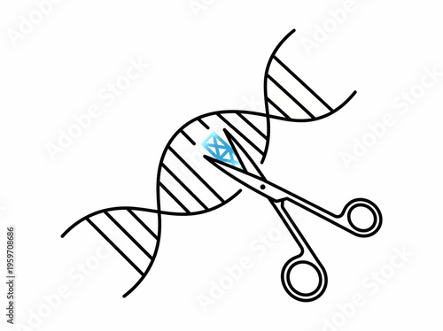 DNA double helix being cut by scissors, illustrating genetic engineering, gene editing, and biotechnology research.