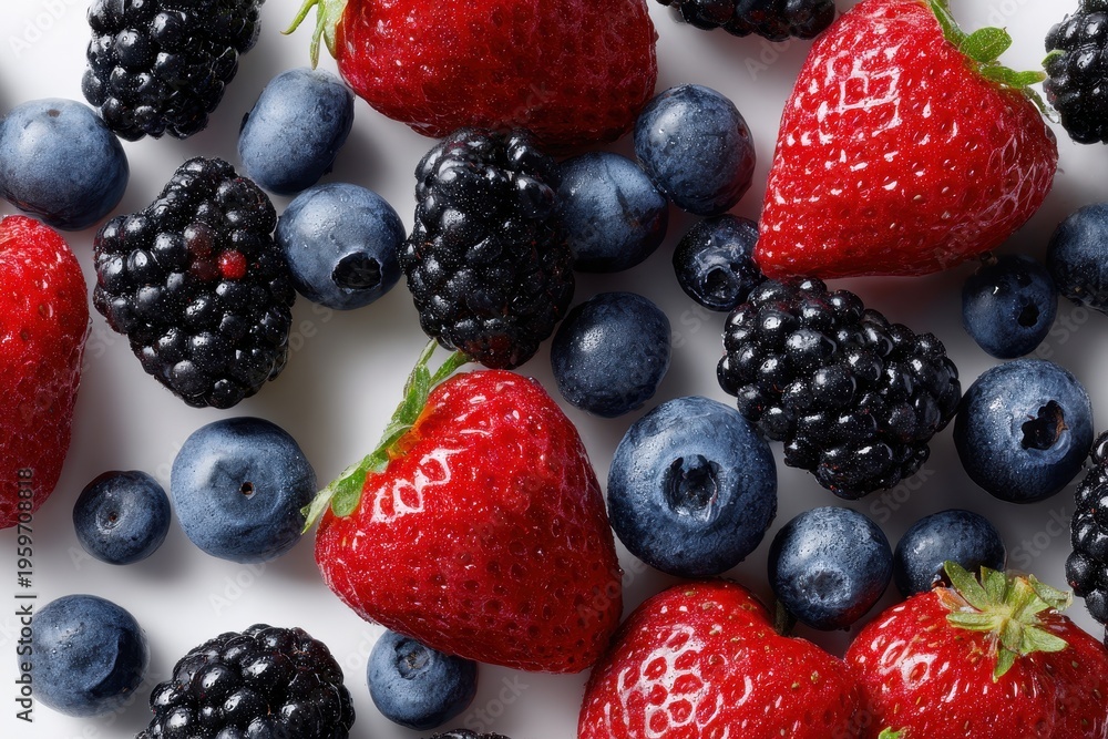 Fototapeta premium Assorted berries on a clean white background in studio lighting