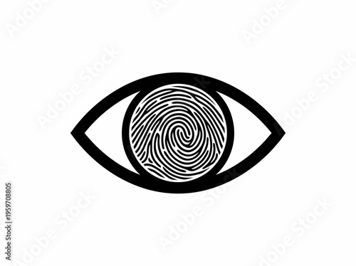 Stylized eye with a fingerprint as the iris, representing surveillance, identity verification, and biometric data security.