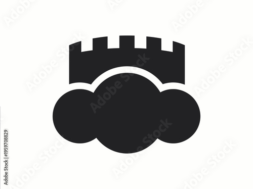 Symbolic representation of a secure cloud server or data storage, depicting a fortified structure atop fluffy clouds, symbolizing safety and reliability.