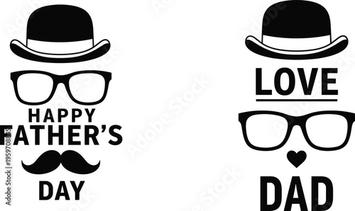 Title
Happy Father's Day and Love Dad vector design elements featuring gentleman icons with bowler hat glasses and mustache for card print