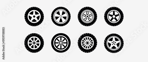 black tire wheel icon collection, rubber automotive line art illustrations with clean simple style, scalable vector elements with editable stroke, suitable for transport, repair service, and design pr