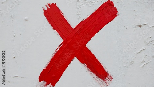 Red cross mark painted on white wall representing wrong answer rejection error and negative feedback concept