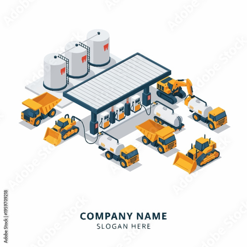 Isometric illustration of a fuel station serving various construction vehicles and heavy machinery with storage tanks.