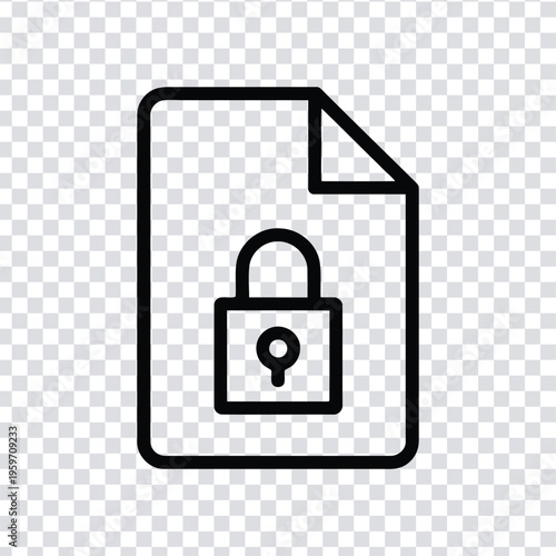 Vector illustration black line icon of a secure document with a padlock on a transparent background