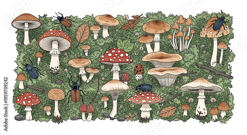A vibrant vector illustration of various mushrooms and insects in a lush green forest ecosystem with diverse flora and fauna.