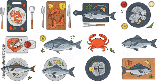 Seafood cooking illustrations set with fish shrimp crab plates recipes and kitchen elements colorful vector collection