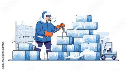 Ice Block Warehouse: A diligent worker wearing insulated clothing carefully manages ice blocks within a cold storage facility, with a forklift contributing to the logistical efforts. 