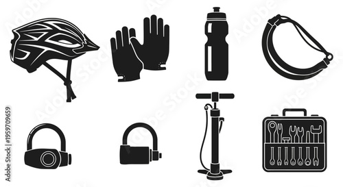 Bicycle accessories and tools on a white background for cycling