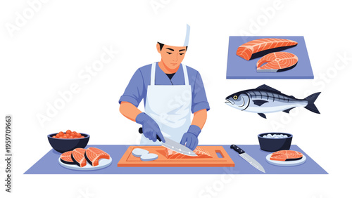 Culinary Art of Precision: A chef in a pristine kitchen, meticulously slicing through fresh fish with expertise, alongside artful displays of prepared seafood.