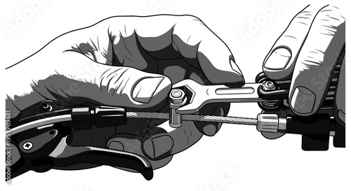 Hands using wrench on bike brake cable adjuster barrel in close up