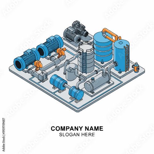 Isometric illustration of an industrial water treatment plant with pumps, tanks, and piping systems.