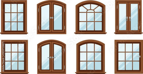 Collection of various wooden windows featuring different frame shapes and glass designs a realistic vector illustration ideal for architectural projects home improvement themes and building design ele