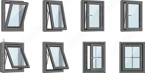 Set of modern grey-framed PVC windows showcasing various opening mechanisms and styles ideal for architectural design and home renovation projects