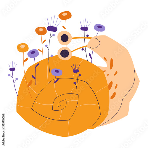 Cute snail with decorative floral shell. Friendly garden mollusk character, nature element, simple minimal design. Isolated on white background