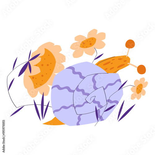 Cute snail with flowers. Friendly garden mollusk with decorative floral elements, simple minimal nature design. Isolated on white background