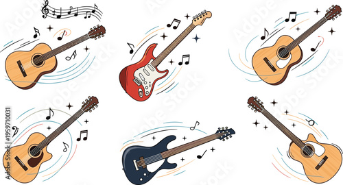 PrintGuitar illustrations set with acoustic and electric instruments music notes dynamic sound motion vector collection