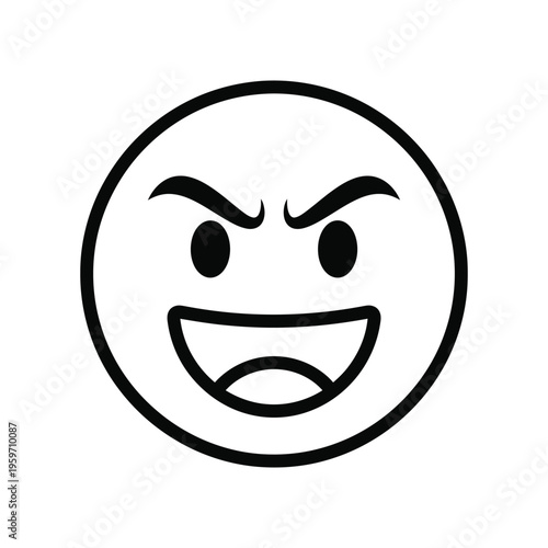 Minimalist black and white line art icon of a mischievous smiling face with angry eyebrows, perfect for expressing devious intent, villainous laughter, or playful malice in digital designs.