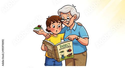 A heartwarming illustration of an elderly man and a young boy exploring insect adventures together