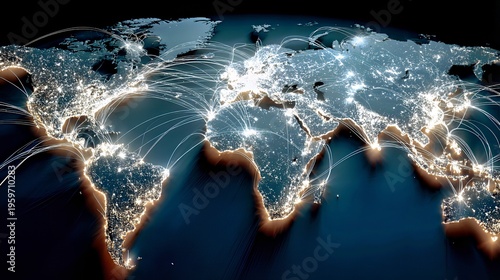Global Connectivity: Illuminated Night World Map with Interconnected Networks