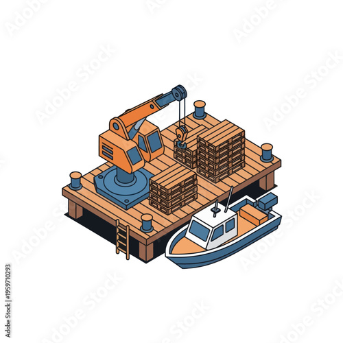 Isometric Dock Scene with Crane, Boat, and Cargo.