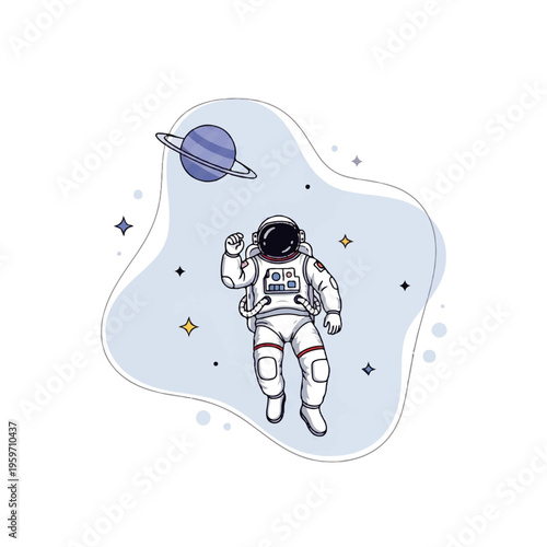 Vector flat design illustration of an astronaut floating in space with a planet and stars on a light blue background with a white outline.