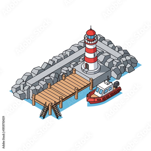 Isometric Lighthouse Scene with Dock and Boat Illustration.